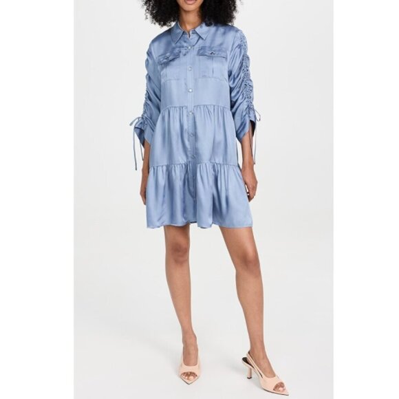 CINQ À SEPT 'Tillie' Tiered Satin Mini Shirt Dress, Stonewash Blue - Picture 1 of 4